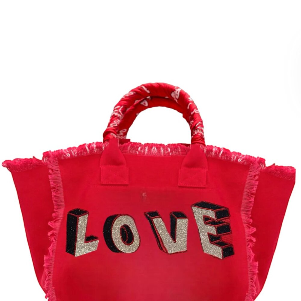 Red Love Blocks Fringe Canvas Bag